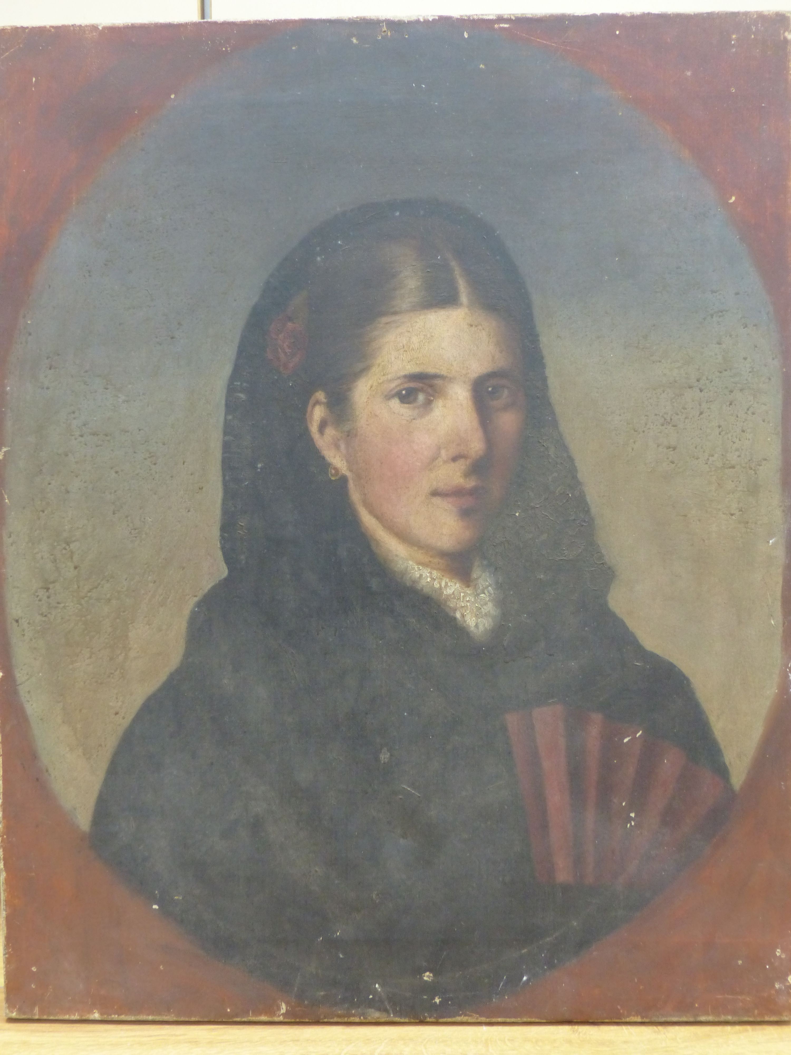 19th century English School, oil on canvas, Portrait of a Spanish woman, 64 x 51cm, unframed